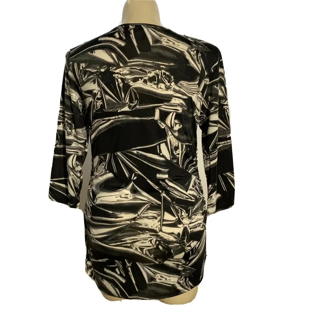Carmen Marc Valvo Top XL Black Gray Off White Abstract Drape Jersey Blouse NICE - Picture 4 of 6